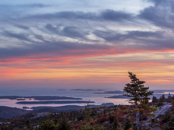 Vibrant sunset on coast of Maine stock photo