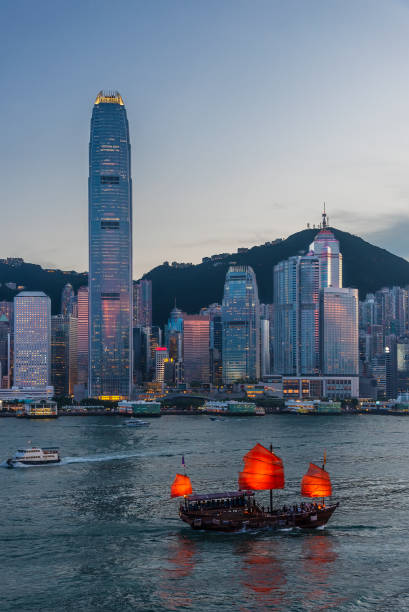 Victoria Harbor of Hong Kong city at dusk stock photo