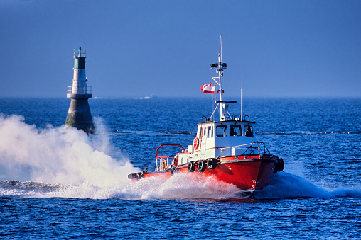 Pilot boat returning from servicing a freighter off the west coast of Vancouver Island, British Columbia