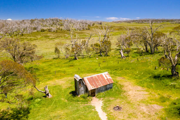 Victorian High Country hut Aerial view of Howitt Hut, Victorian High country, Licola high country stock pictures, royalty-free photos & images