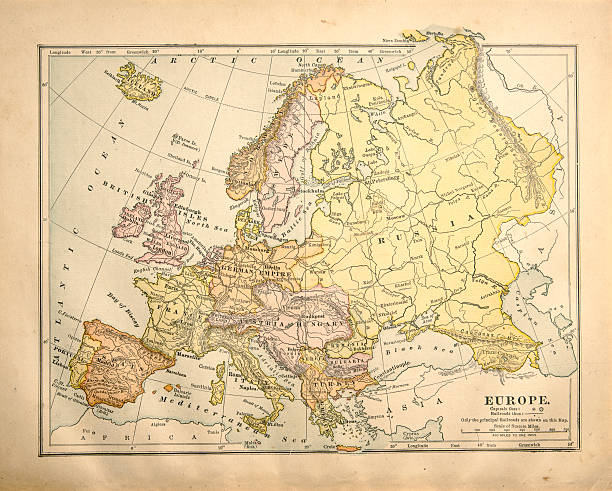 Victorian Vintage Map of Europe "This antique map is from around 1901-1905, showing subtle differences from the modern Europe at the end of the Victorian era. It has been used for some study, so there are a few markings where places have been underlined or marked.Similar:" 20th century stock pictures, royalty-free photos & images