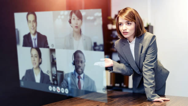 Video conference concept. Teleconference.  Webinar. Online seminar. e-Learning. Video conference concept. Teleconference.  Webinar. Online seminar. e-Learning. assertiveness stock pictures, royalty-free photos & images