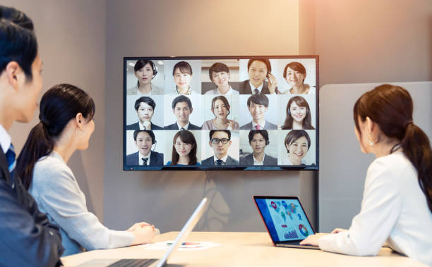 Video conference concept. Telemeeting. Videophone. Teleconference. Remote work. Video conference concept. Telemeeting. Videophone. Teleconference. Remote work. online meeting asian stock pictures, royalty-free photos & images
