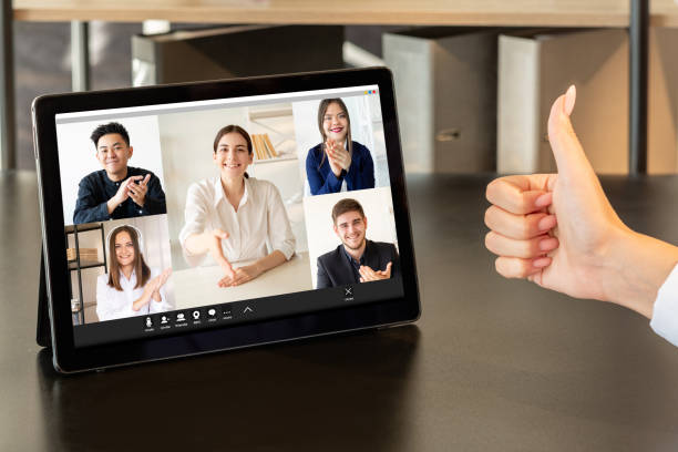 video conference distance recruitment team tablet stock photo