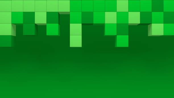 het geometrische mozaïekgolvenpatroon van het videospel. bouw van heuvelslandschap gebruikend groene grasblokken op groene achtergrond. minecraft stijl. 3d abstracte kubussen - minecraft stockfoto's en -beelden