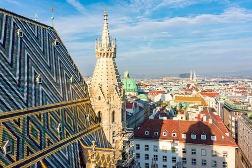 Vienna cityscape seen from top of St. Stephen's cathedral, Austria