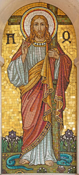 Vienna - The mosaic of Jesus on the pulpit in the Herz Jesu church stock photo