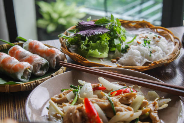 Vietnamese food arranged on table stock photo