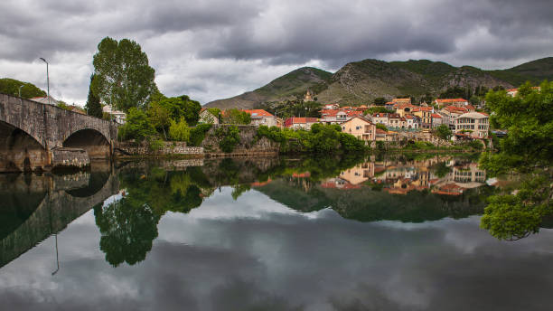 View at Old town of Trebinje and Trebisnjica river with beautiful reflections stock photo