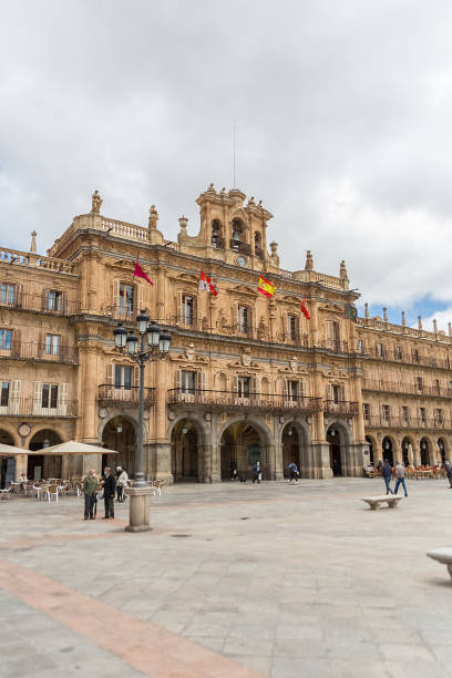 View at the baroque public plaza, 18th century, Plaza Mayor in Salamanca downtown city, tourist people visiting stock photo