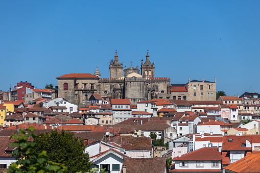 Viseu / Portugal - 05/08/2021 : View at the Viseu city, with Cathedral of Viseu on top, Se Cathedral de Viseu, architectural icons of the city