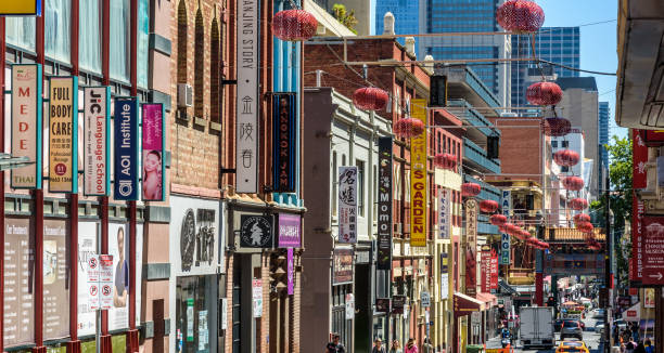 A view down Little Bourke Street of the signs and decorations in the Chinatown district stock photo
