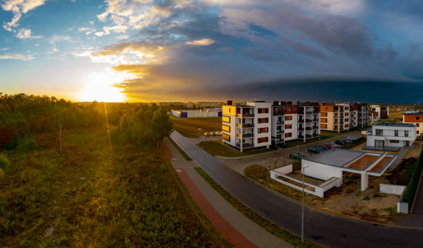 View from above on real estates in Ostrow Wielkopolski in Poland, during dynamic weather. stock photo