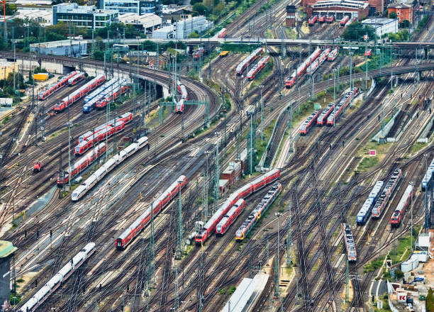 View from above onto the railway tracks of the main station stock photo