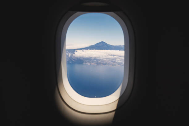 View from airplane window against Tenerife island stock photo