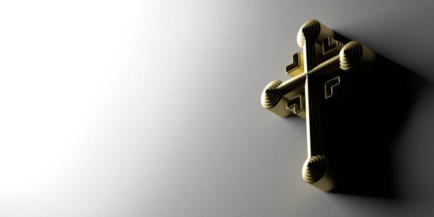 View from below on golden cross symbol with heart ornate Glorious Christian Cross symbol in 3D to celebrate the resurrection of Jesus Christ from the dead on the date of Easter with ornate golden cross icon concept on blank background with dropped shadow and copy space. Great for Confirmation, Baptism, Easter or any religious celebration. good friday stock pictures, royalty-free photos & images