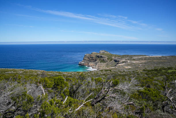 A view from Cape Point to the stunning blue sea stretching to the horizon. stock photo