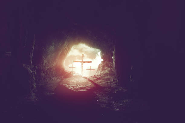 view from cave of three crosses on hill of calvary, crucifixion of Jesus Christ background, resurrection of easter concept  tomb stock pictures, royalty-free photos & images