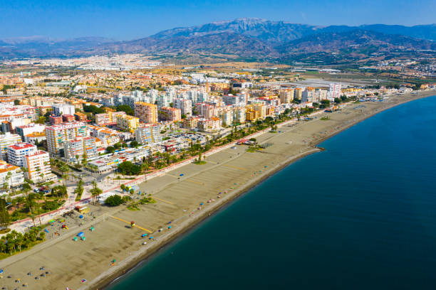 View from drone of coastal Mediterranean town of Torre del Mar, Spain stock photo