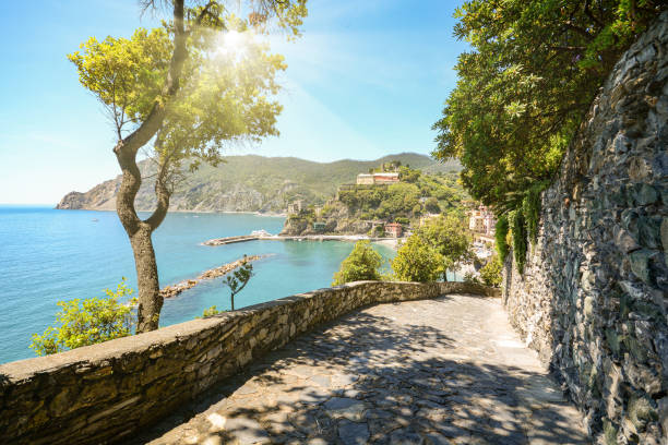 View from hiking trail to beautiful coastline and beach of mediterranean sea near village Monterosso al Mare in early summer, Cinque Terre Liguria Italy Europe stock photo