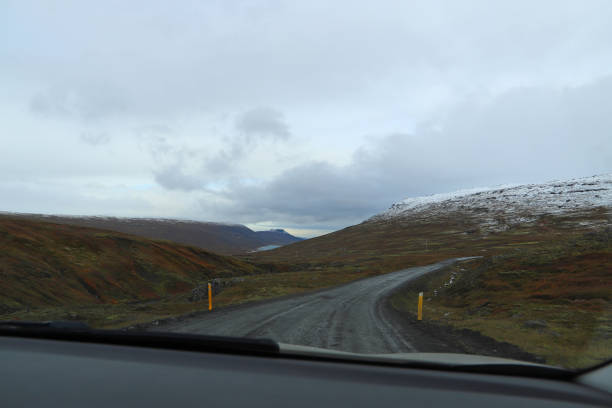 View from inside a car while driving on a Oxi Pass (Road 939) - a mountain pass in eastern Iceland stock photo