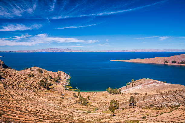 View from Isla del Sol, Lake Titicaca, Boliva stock photo