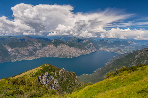 View from Monte Baldo on lake Garda, Malcesine, Lombardy, Italy. stock photo
