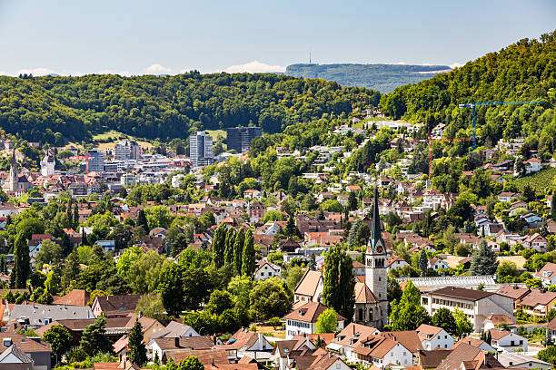 View from Mountain Lagern to Wettingen View from Mountain Lagern to the village of Wettingen at day on July 21, 2015. Wettingen is a municipality in the Swiss canton of Aargau. aargau canton stock pictures, royalty-free photos & images