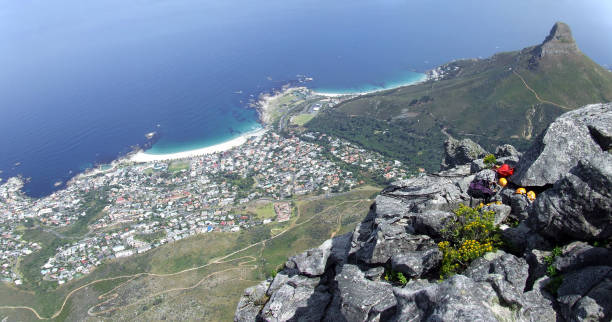 View from Table Mountain to Lions Head and Camps Bay, Cape Town, South Africa stock photo