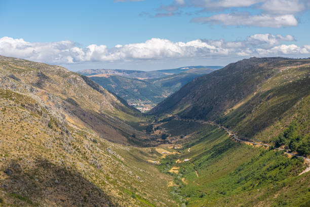 View from the glacier valley and mountain landscape on Serra da Estrela natural park, Star Mountain Range stock photo