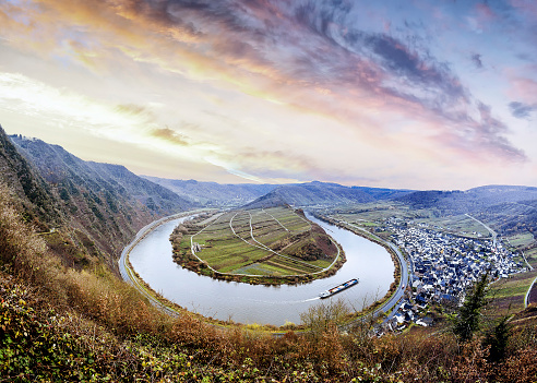 View from the mountain at the river Mosel by Moselschleife in Bremm a small village alongside the Mosel river, Germany