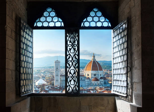 View from the old window on Florence Duomo Basilica di Santa Maria del Fiore.  Florence, Italy. Collage of the historical theme and the theme of travel. View from the old window on Florence Duomo Basilica di Santa Maria del Fiore.  Florence, Italy. Collage of the historical theme and the theme of travel. florence italy stock pictures, royalty-free photos & images