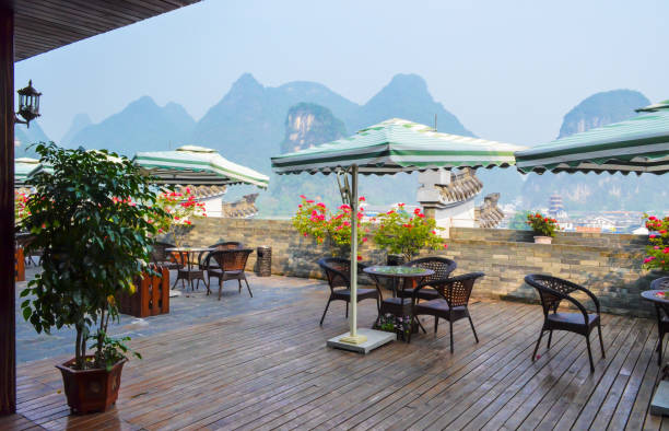 View from the terrace to the mountain peaks, Yangshuo, China stock photo