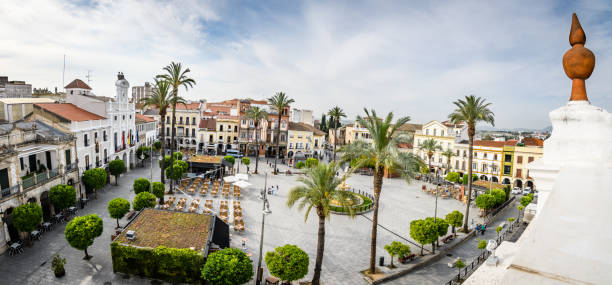 View from the top of the Plaza of Spain, with famous fountain and City Hall. stock photo