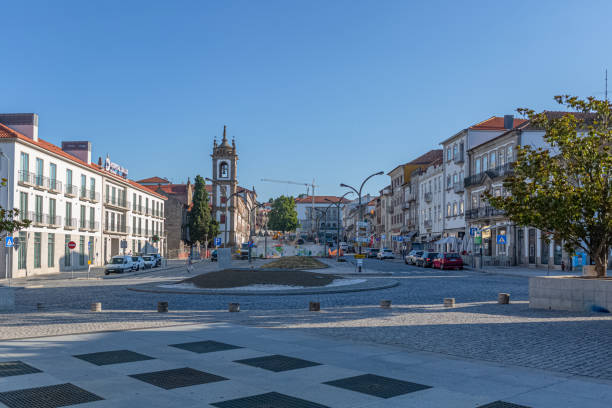 View of a central avenue with classic buildings on Vila Real city downtown, Portugal stock photo
