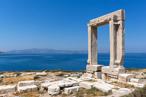 View of Agean sea and Portara, Apollo Temple Entrance, Naxos stock photo