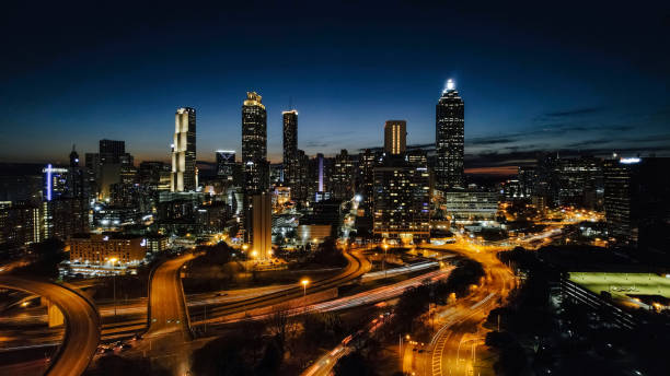 view of Atlanta skyline with major intersection stock photo