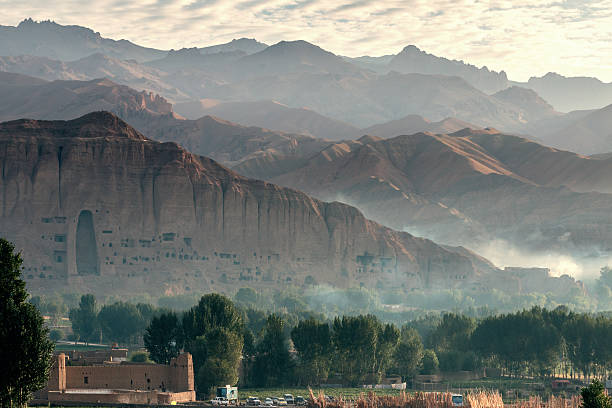 view of bamiyan valley - afghanistan valley, landscape, buddhist, afghan, afghanistan, buddha, bamiyan afghanistan stock pictures, royalty-free photos & images