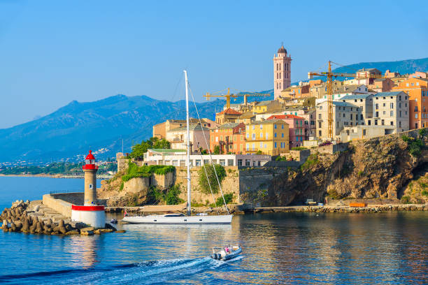 BASTIA PORT, CORSICA ISLAND - JUL 5, 2015: A view of Bastia town on coast of Corsica island, France. Bastia is island's capital stock photo