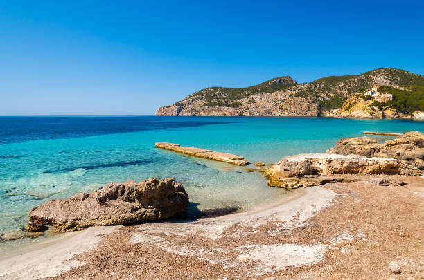 View of beautiful beach in Camp de Mar, Majorca island, Spain stock photo