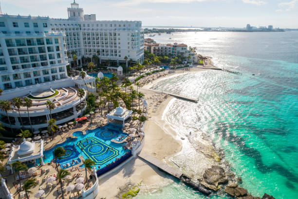 View of beautiful Hotel Riu Palace Las Americas in the hotel zone of Cancun. Riviera Maya region in Quintana roo on Yucatan Peninsula. Aerial panoramic view of all-inclusive resort stock photo