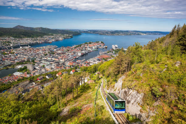View of Bergen city with lift in Norway stock photo