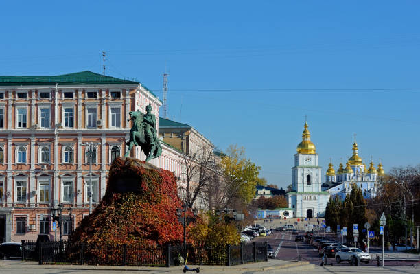 View of Bohdan Khmelnytsky monument and St. Michael's Golden-Domed Monastery stock photo