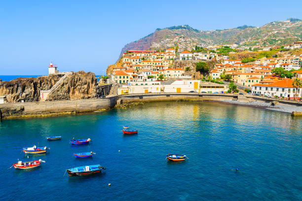View of Camara de Lobos port with colourful fishing boats on sea, Madeira island stock photo