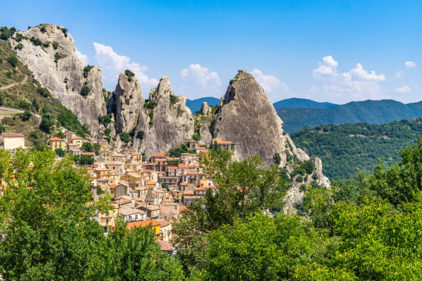 View of Castelmezzano, a typical village under the peaks of the Dolomiti lucane in Basilicata region, Italy stock photo
