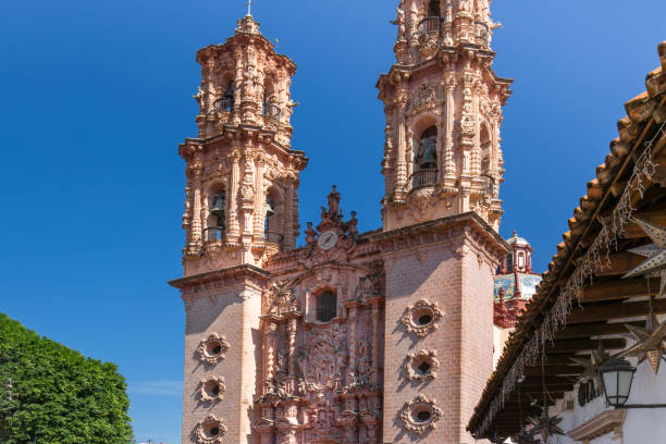 View of Church of Santa Prisca de Taxco The Parroquia de Santa Prisca in Taxco historic city center stock photo