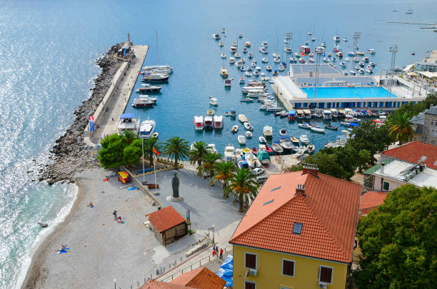 View of coast of Herceg Novi and bay from fortress wall Forte Mare, Montenegro stock photo