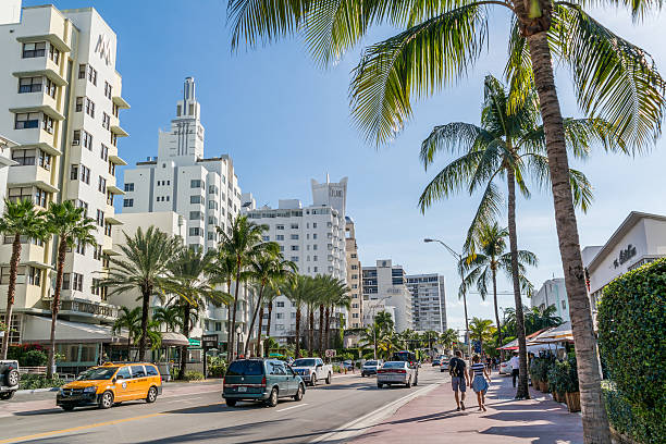 View of Collins Ave in Miami South Beach, Florida stock photo