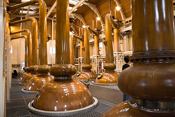 View of copper whiskey stills in a distillery Large whiskey distills in a whiskey distilery in Scotland. scotland distillery stock pictures, royalty-free photos & images