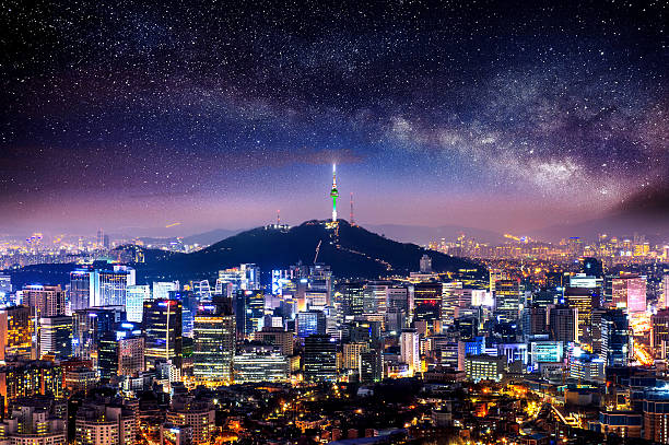 View of downtown cityscape and Seoul tower in Seoul. stock photo